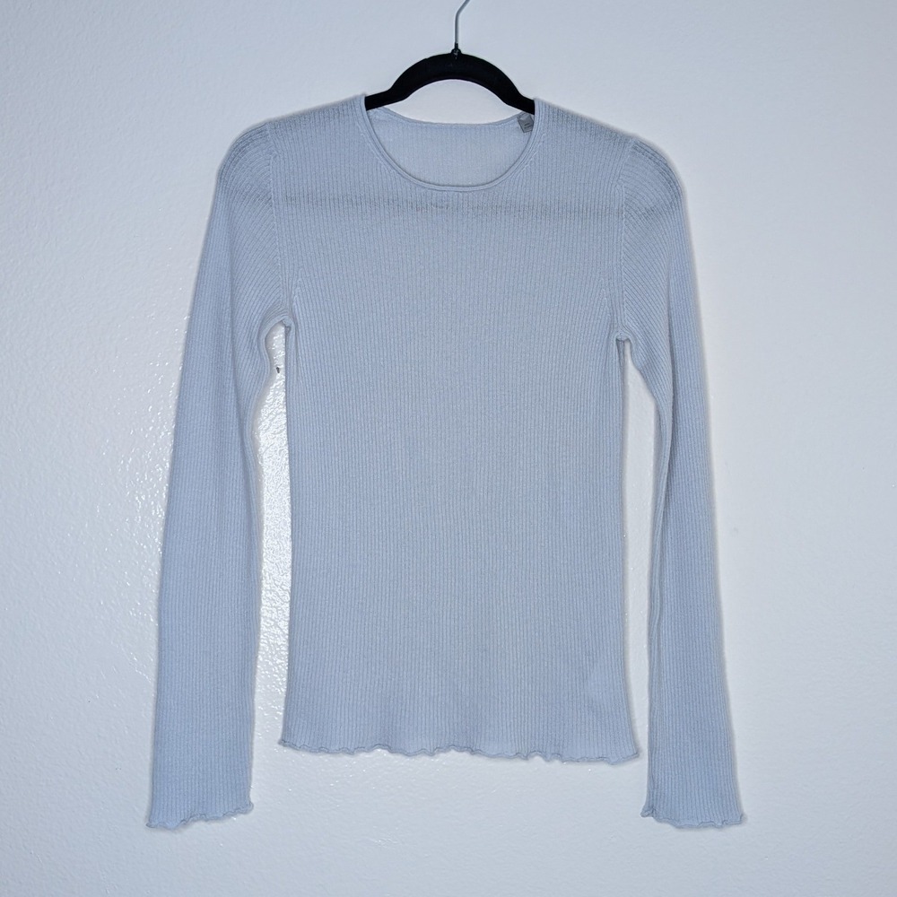 Vince Light Blue 100% Cashmere Ribbed Lettuce Edge Long Sleeve Sweater Medium